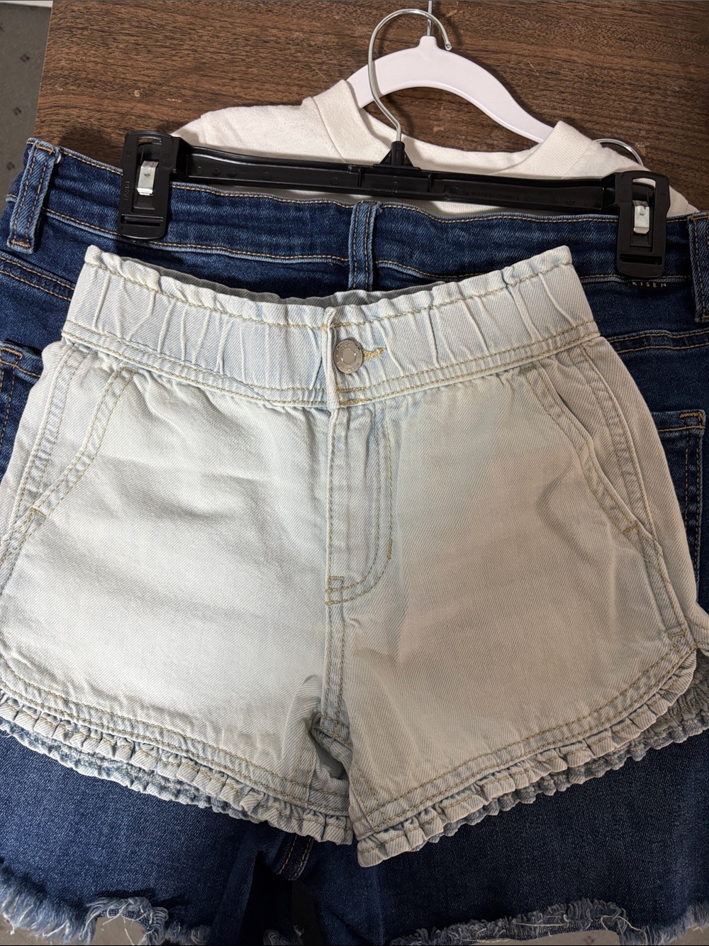 Light Blue Girls' Elastic Waist Denim Shorts with Ruffle Hem